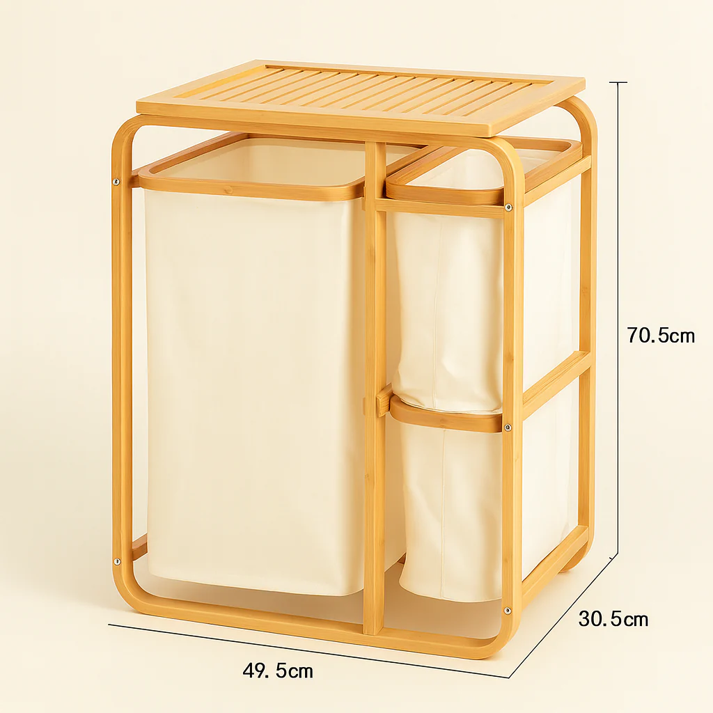 3 Grid Bamboo Laundry Basket - White - Image 3