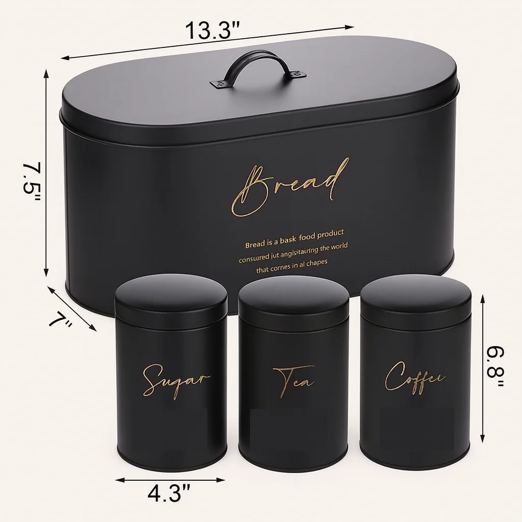 4-Piece Metal Bread Bin and Canister Set - Black - Image 3