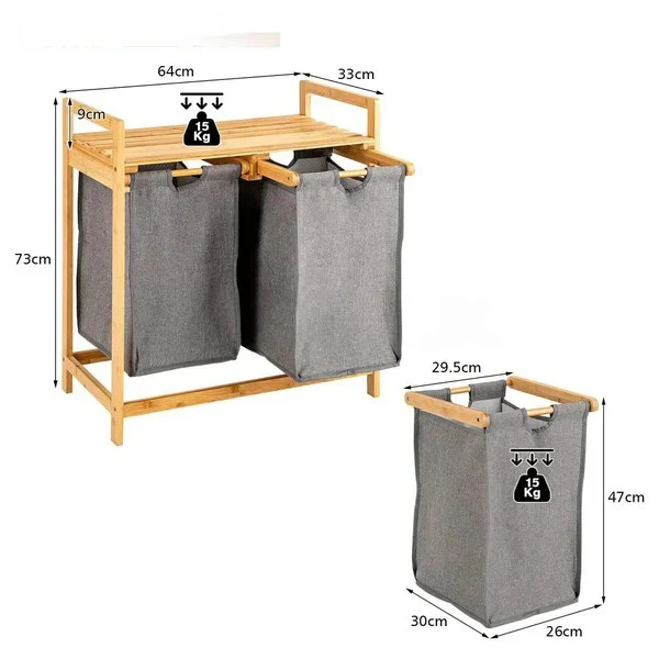 Bamboo Laundry Hamper With Dual Compartments - Grey - Image 3