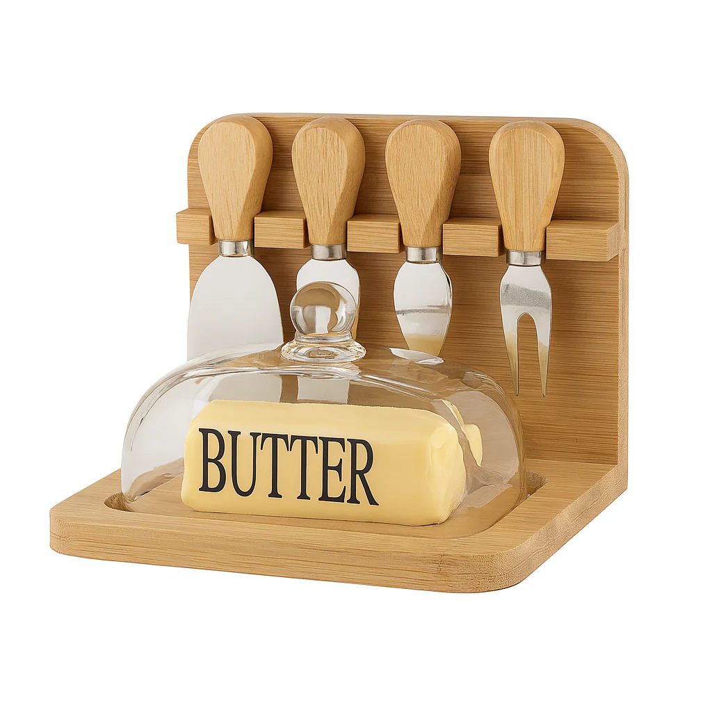 Butter Dish and Cheese Knife Set with Bamboo Base and Glass Lid - Image 2