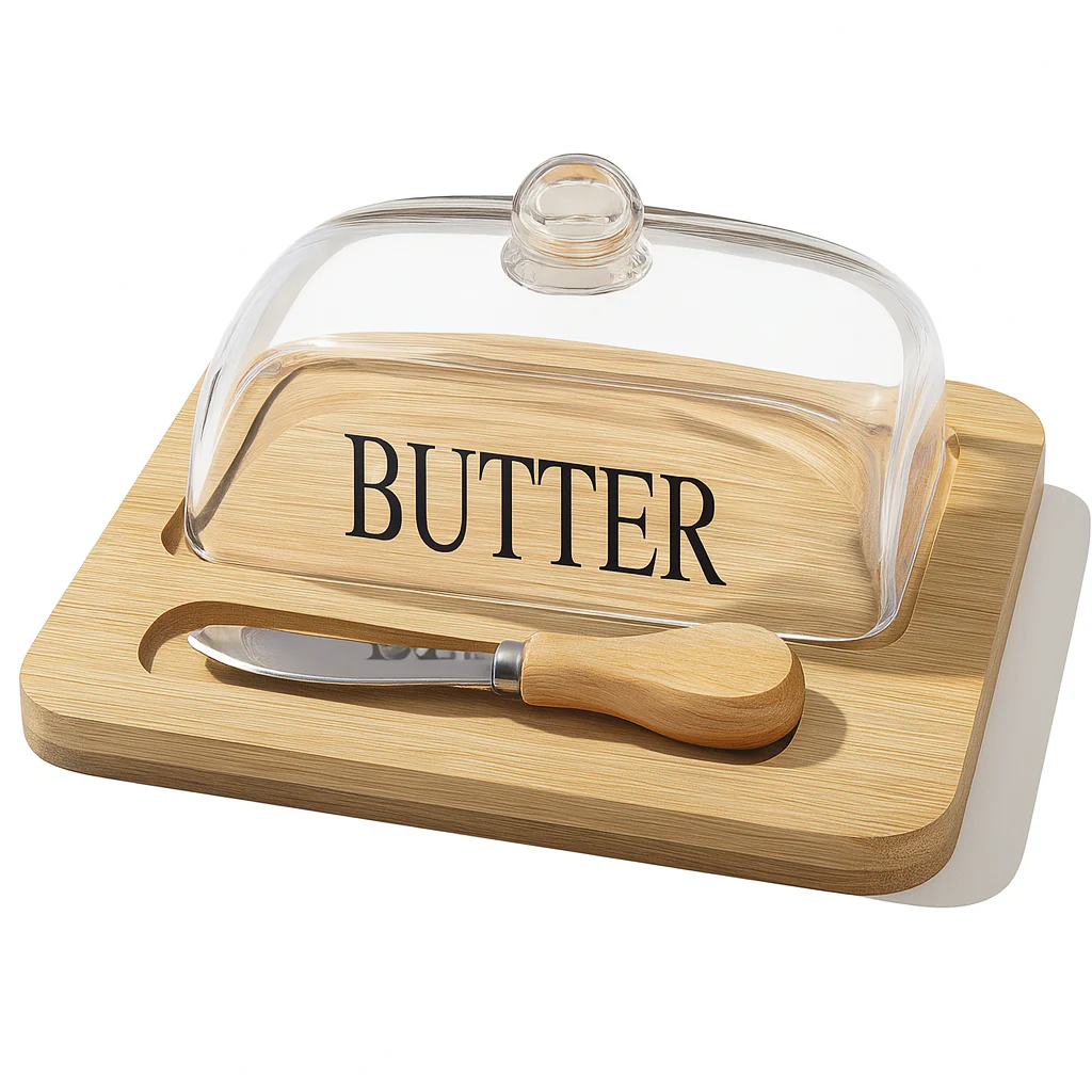 Glass Butter Dish with Bamboo Base and Wooden Knife - Image 2