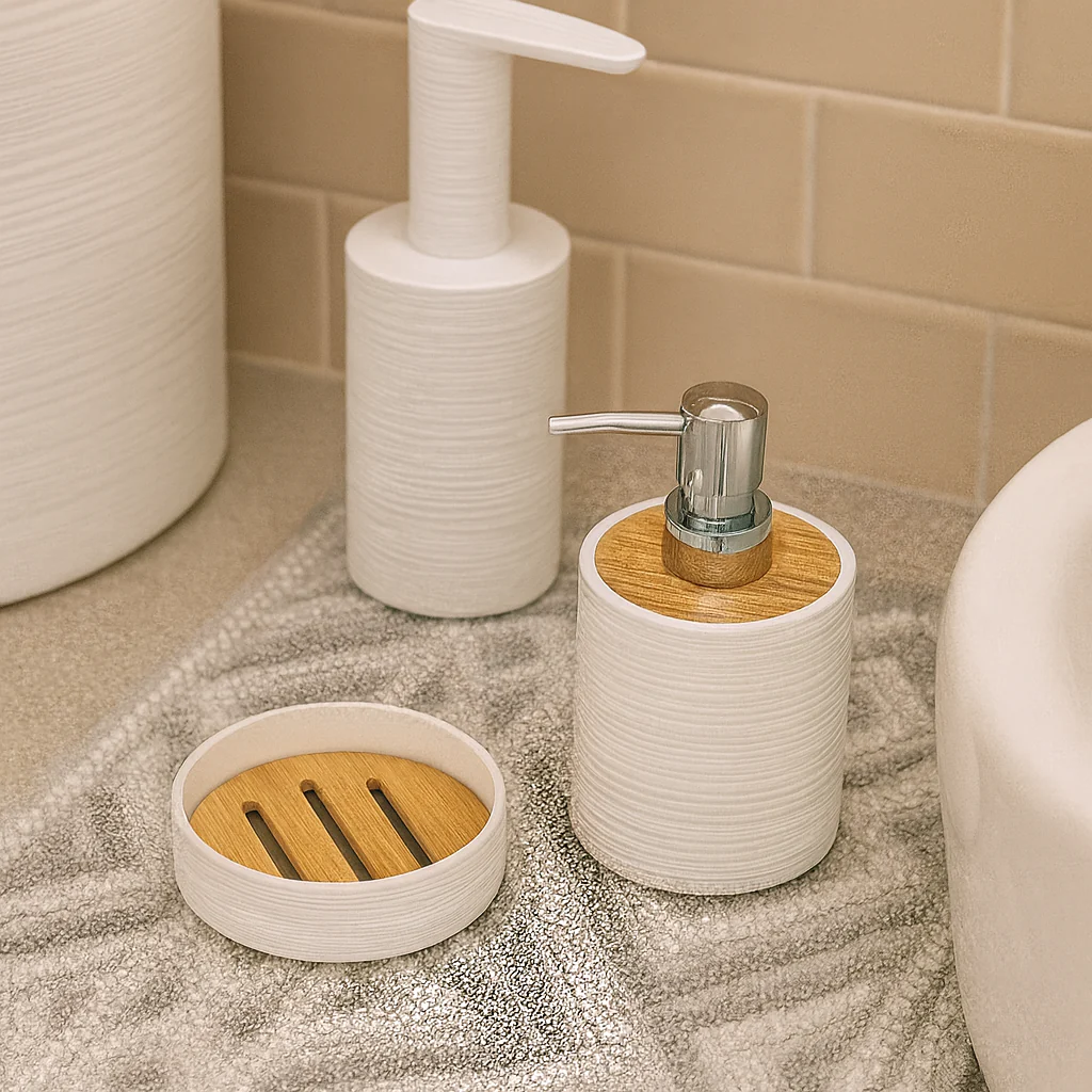 Modern White Bathroom Accessory Set with Bamboo Accents - Image 3