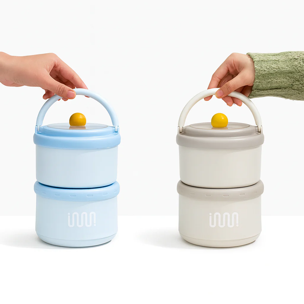 Stainless Steel 2Pcs Lunch Box with Foldable Spoon & Handle - Image 3
