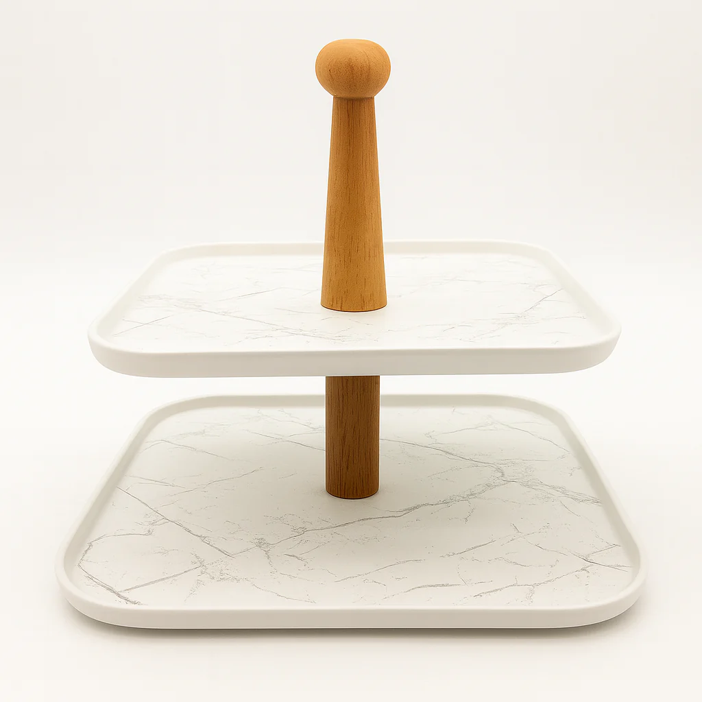 Two-Tier White Serving Tray with Wooden Stand - Image 2